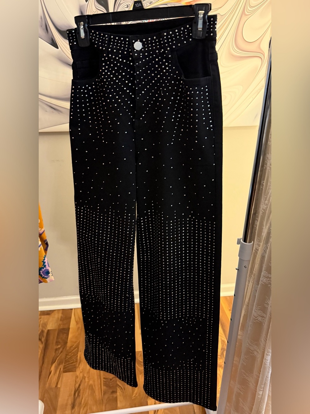 Black Rhinestone Embellished Wide-Leg Pants
